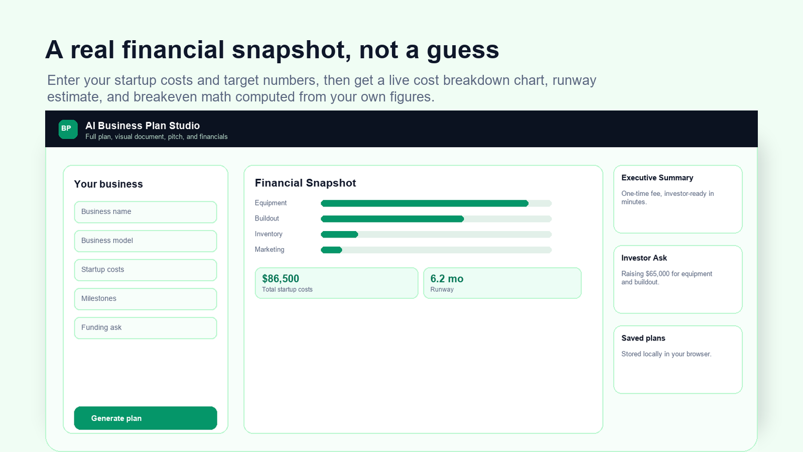 AI Business Plan Studio dashboard preview