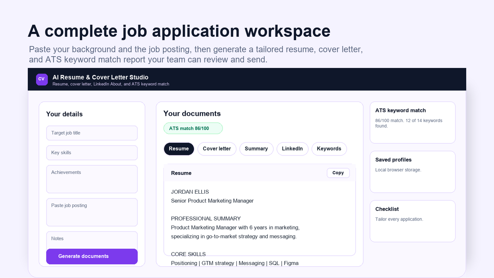 AI Resume & Cover Letter Studio dashboard preview