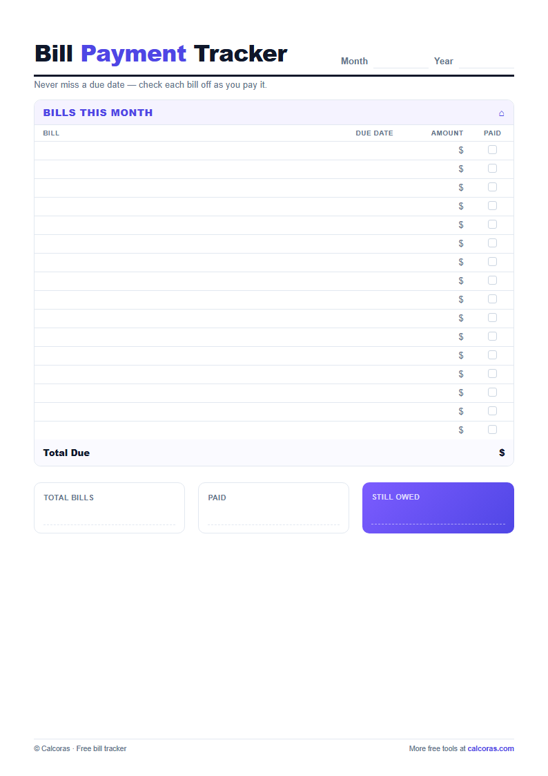 Bill Payment Tracker — free printable PDF