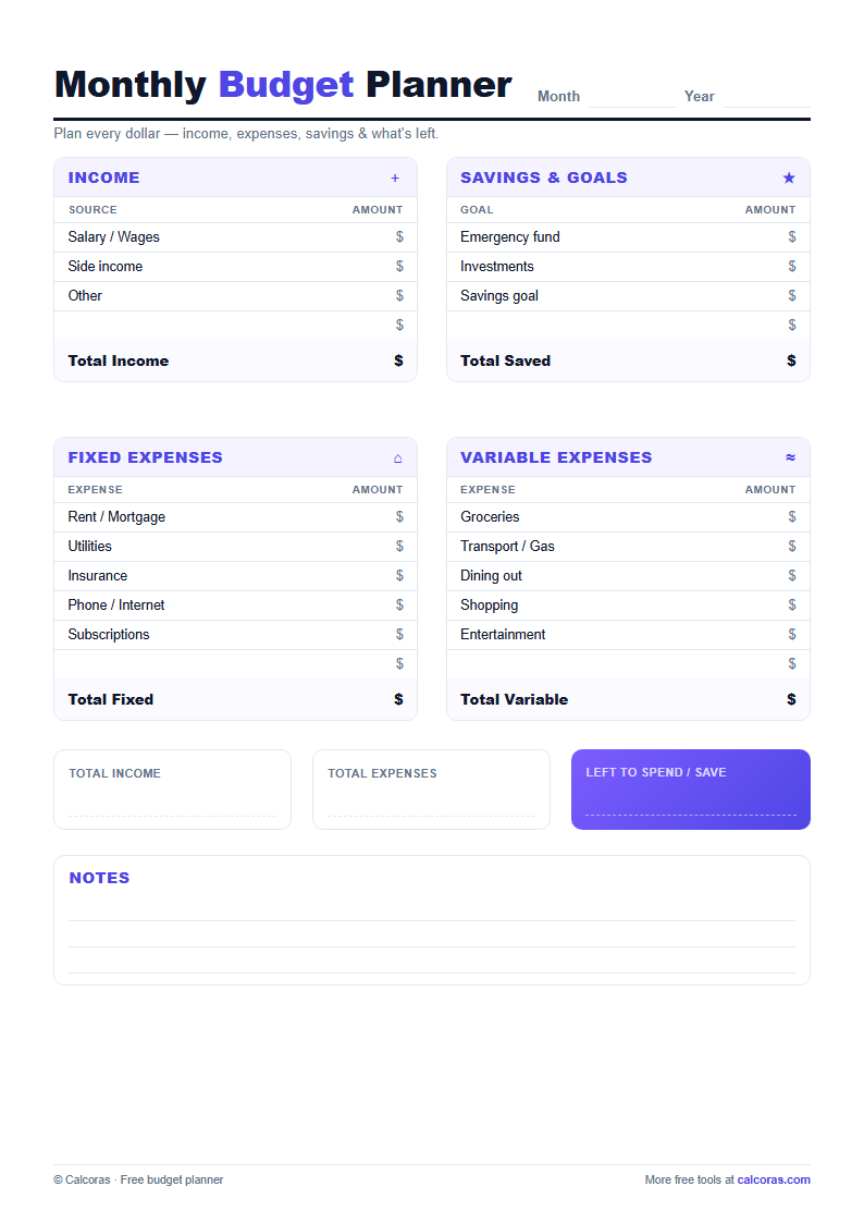 Monthly Budget Planner — free printable PDF