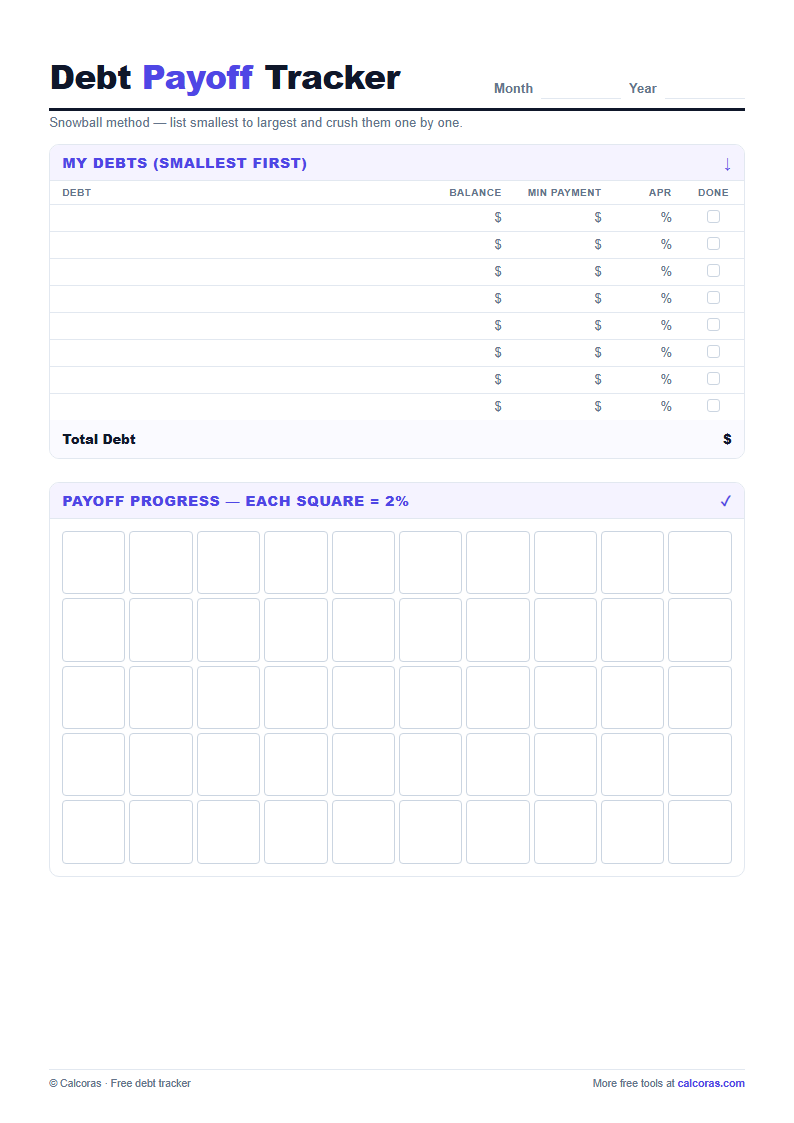 Debt Payoff Tracker — free printable PDF