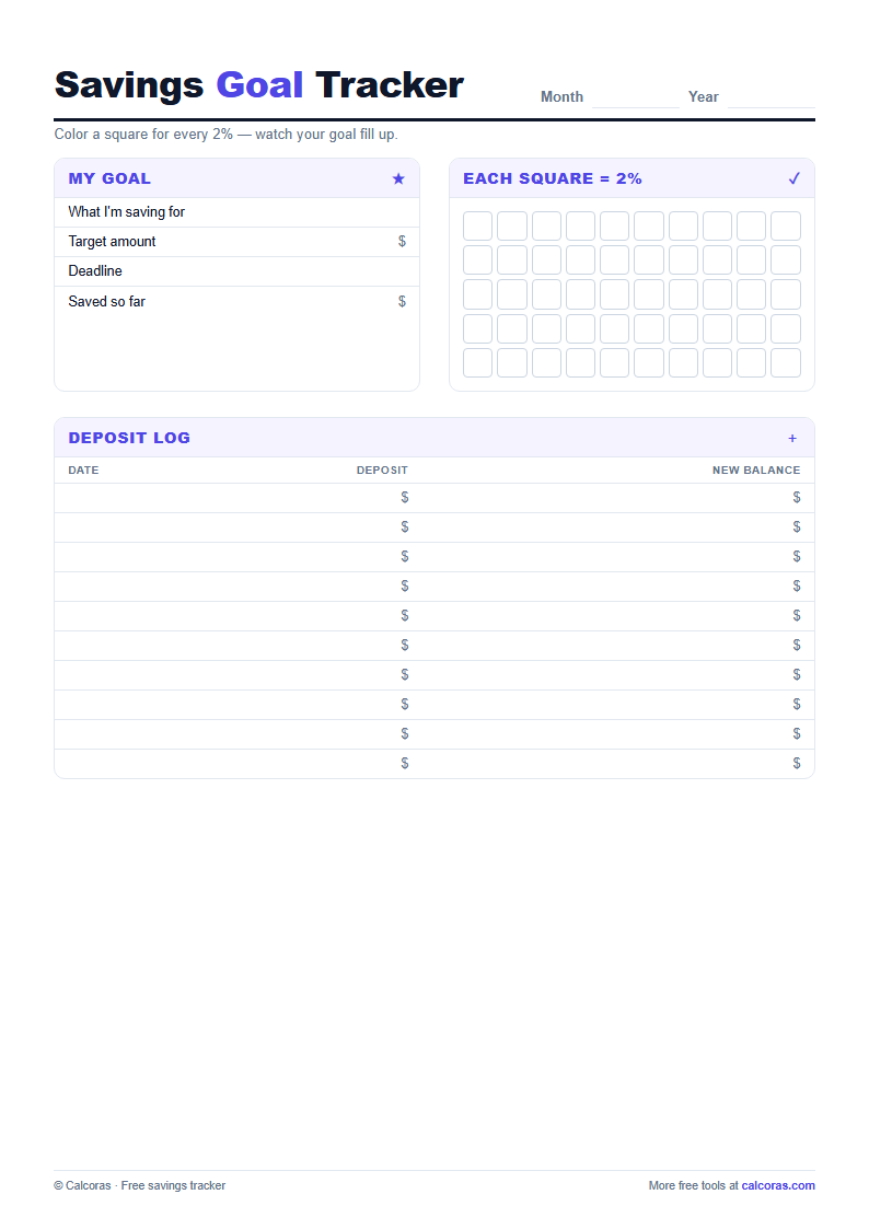 Savings Goal Tracker — free printable PDF