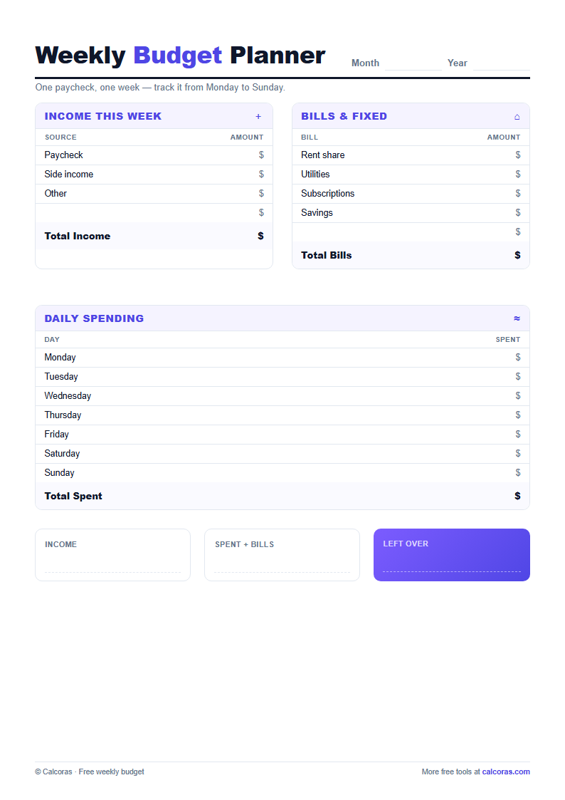 Weekly Budget Planner — free printable PDF
